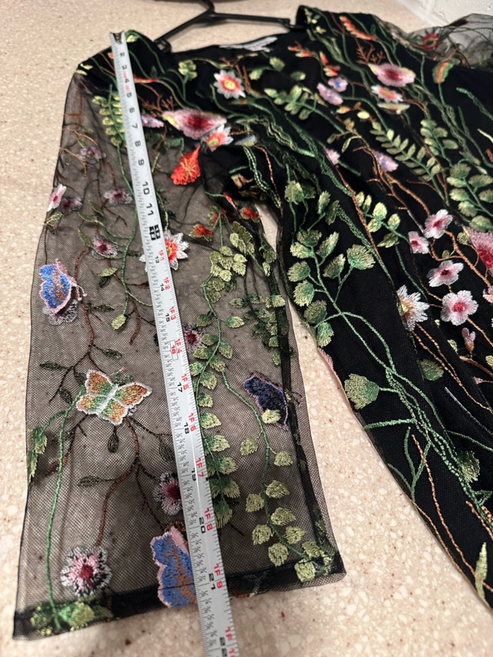 Caroline Rose Garden Walk Embroidered Tunic, sheer 3/4 sleeves black multi-color - Picture 14 of 16